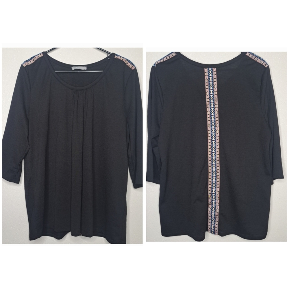 Loveappella Women's Black Top 3/4 Sleeve Multicolor Embroidered Detail  2X